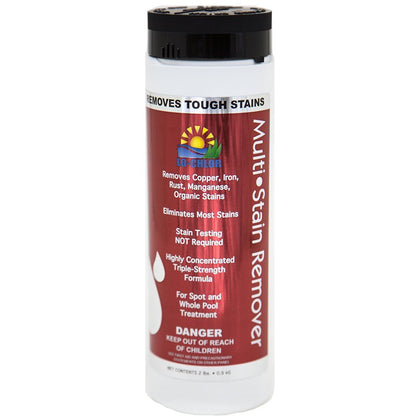 Lo-Chlor Multi-Stain Remover bottle pouring, clears pool stains within 24 hours.