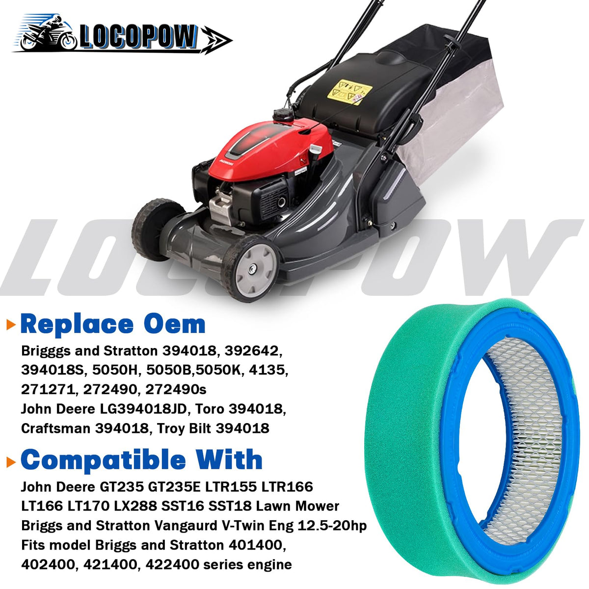 LOCOPOW 394018 air filter back view maintains optimal airflow for small engines.