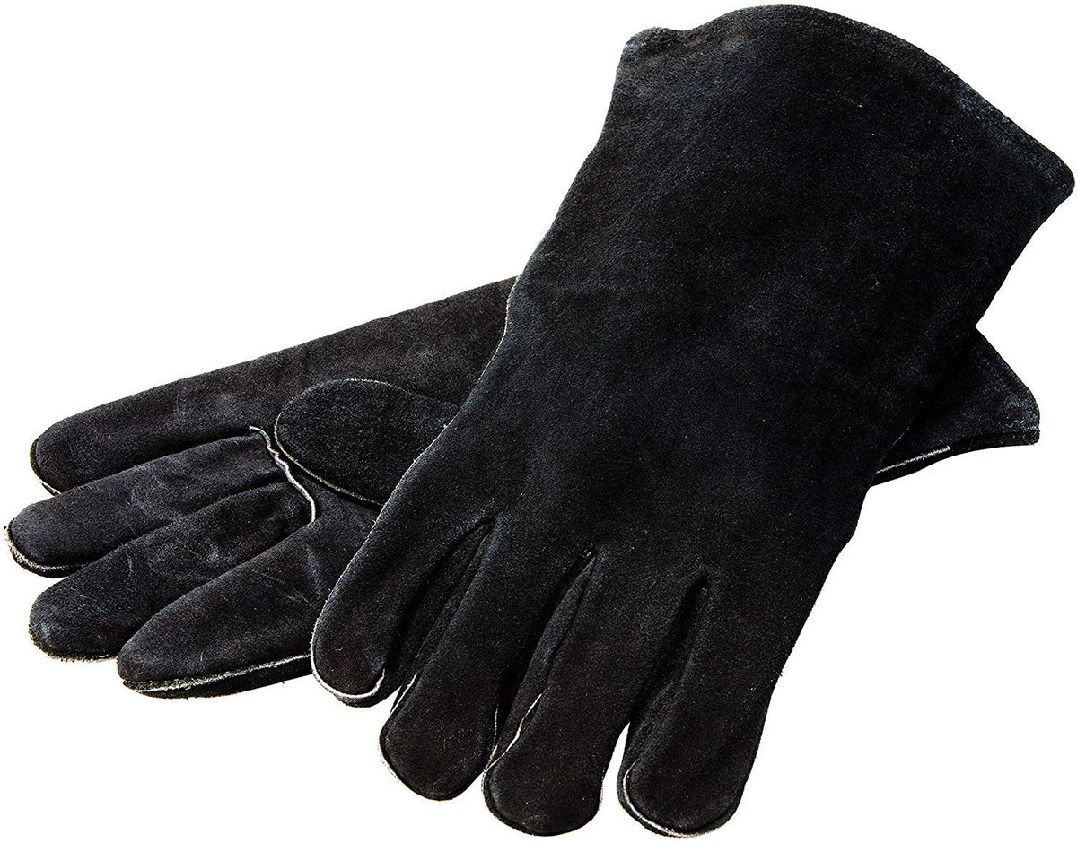 Lodge leather cooking gloves closeup cuff protect hands during oven and grill handling.
