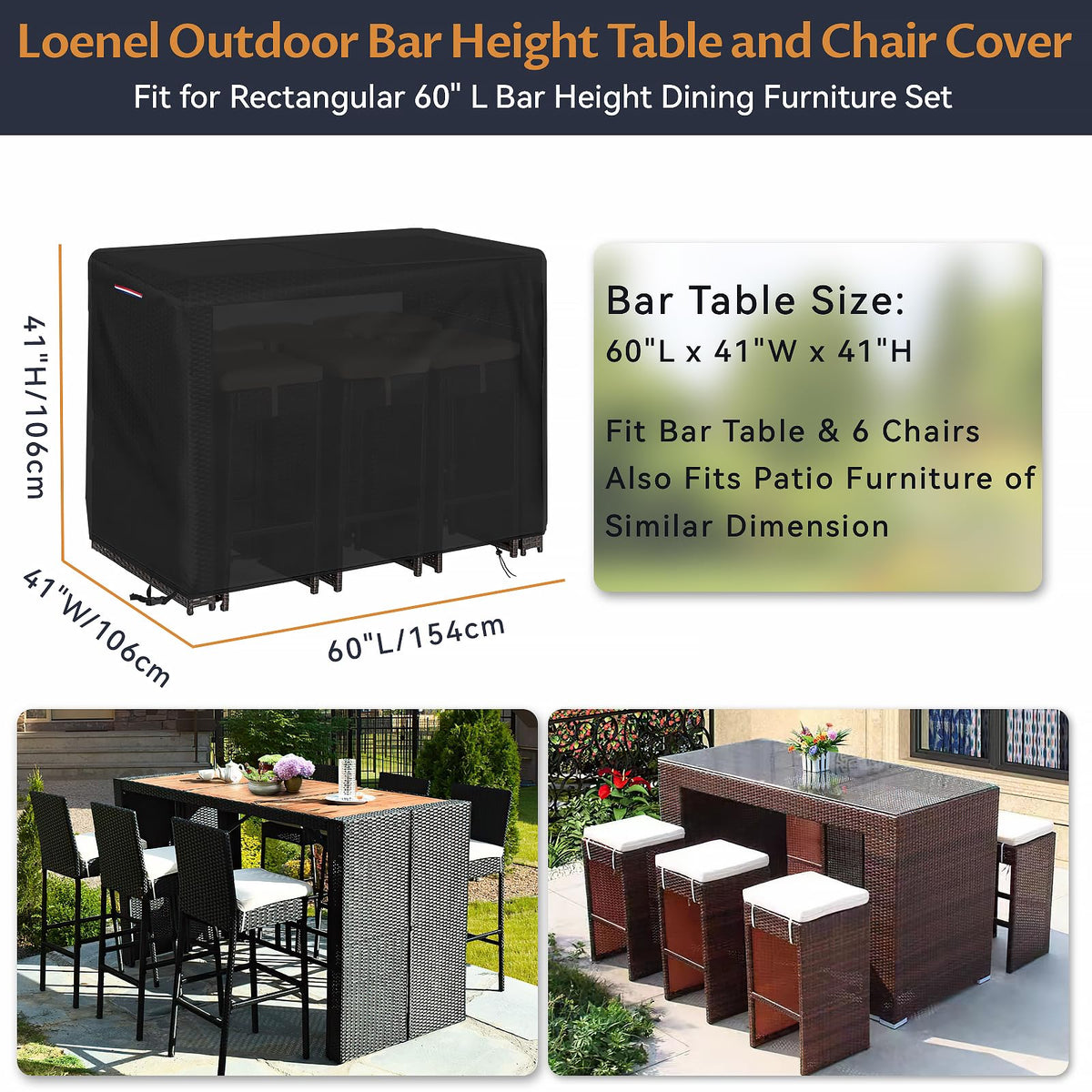 Loenel bar-height table cover with windproof straps for secure fit.