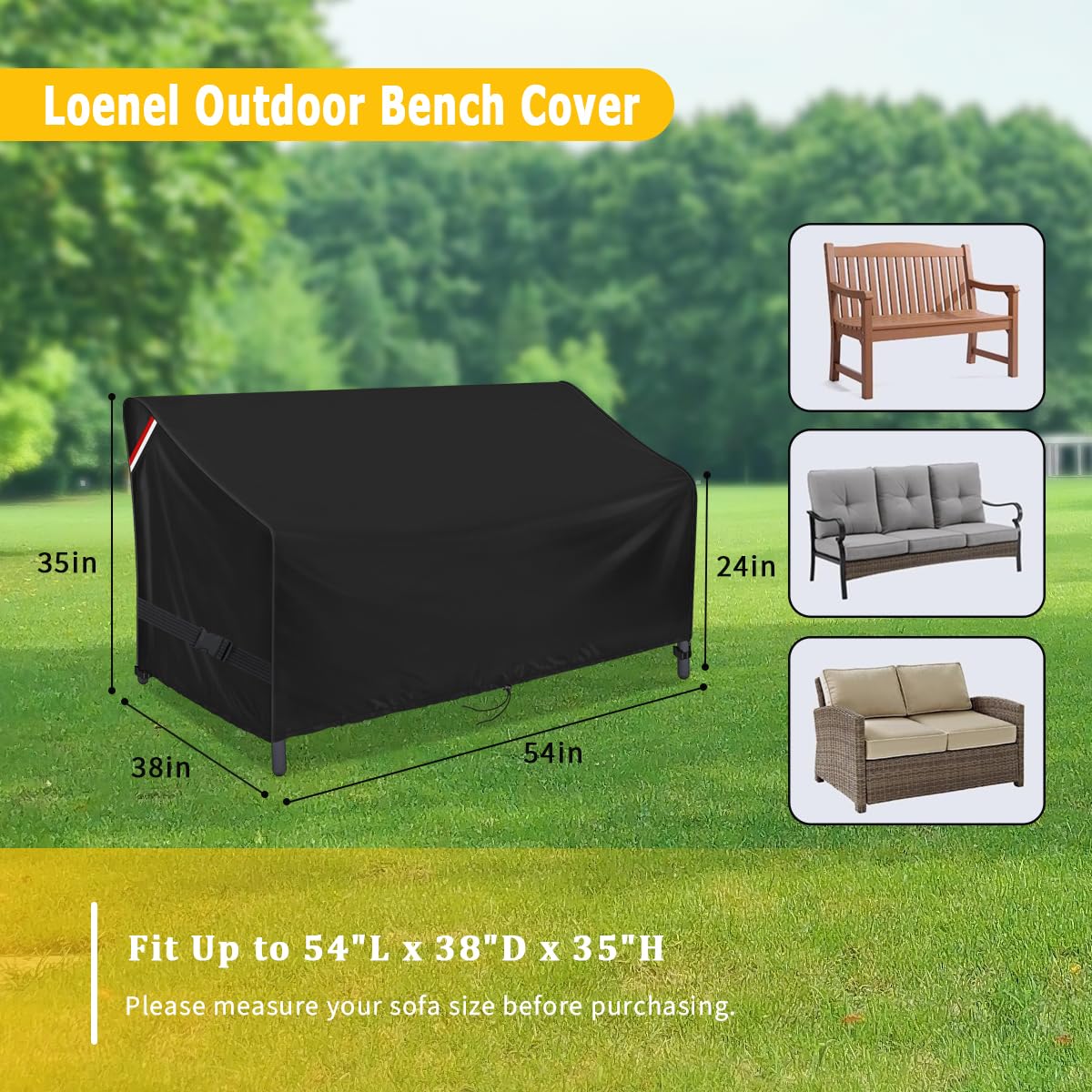 Loenel outdoor loveseat cover in side view protecting cushions from debris