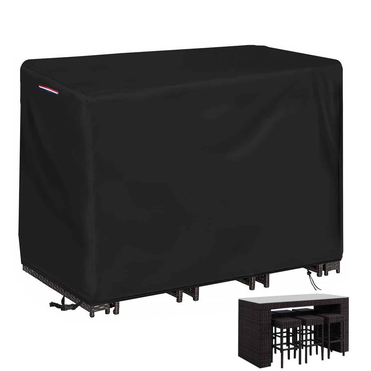 Loenel waterproof outdoor bar cover protecting a 60L rectangular table from rain.