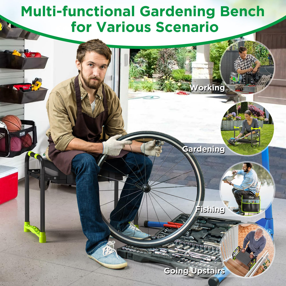 LOENIY foldable, portable garden stool for easy outdoor transport.