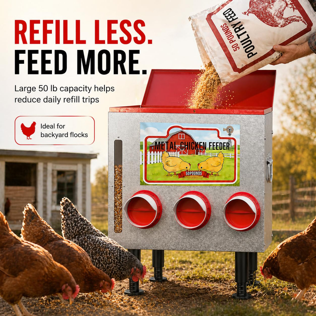 LOESLY 50lbs feeder with 8 feeding ports enabling automatic, waste-free feeding for a flock