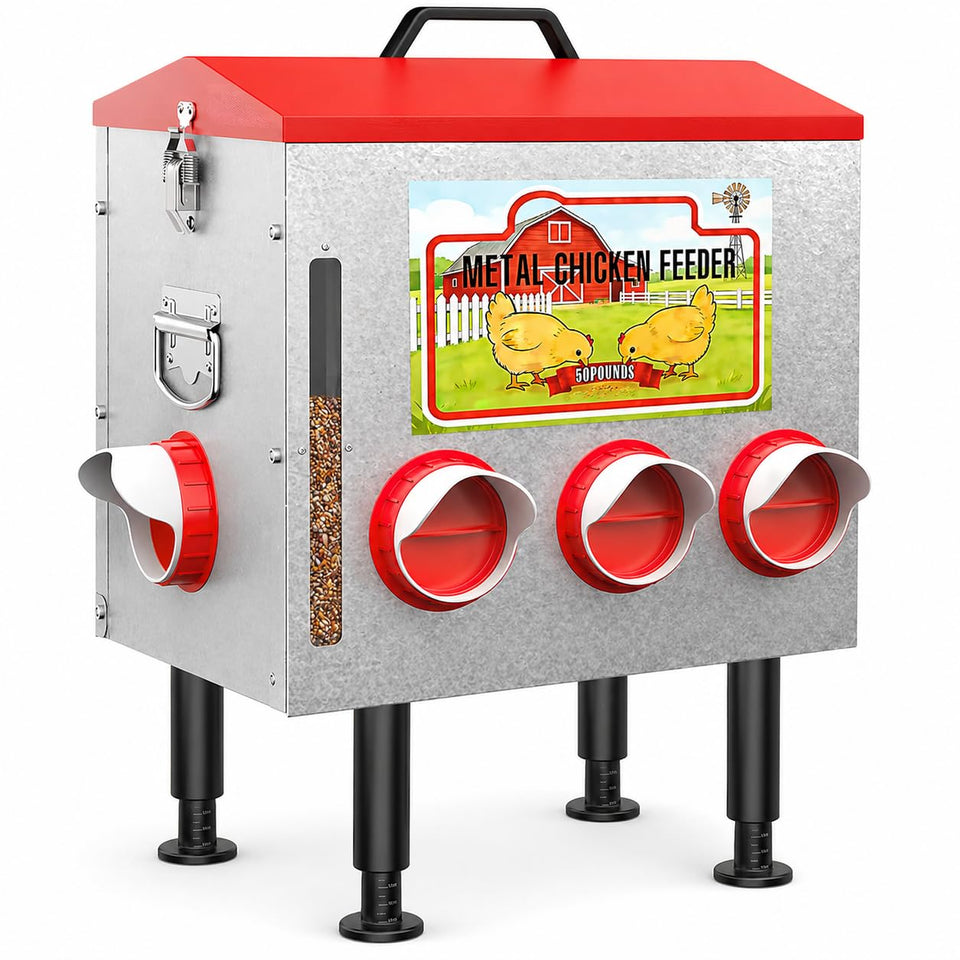 LOESLY 50lbs metal chicken feeder full view highlighting large capacity for consistent feeding