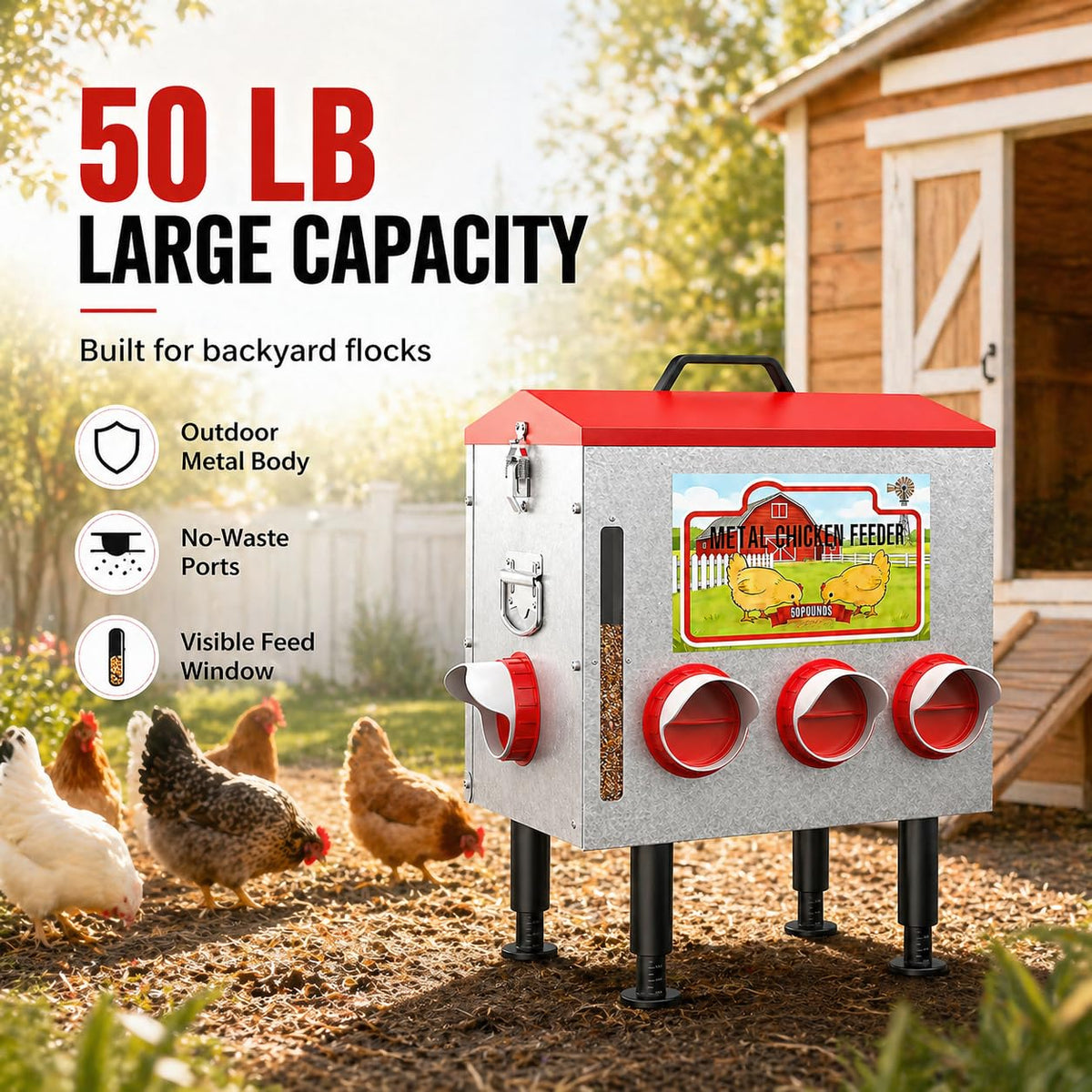 LOESLY 50lbs metal chicken feeder with locked lid prevents spills and pests outdoors