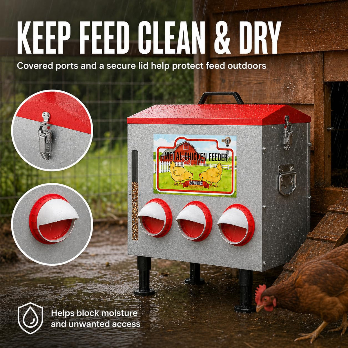 LOESLY metal chicken feeder with rodent-proof locking lid protects feed in all weather