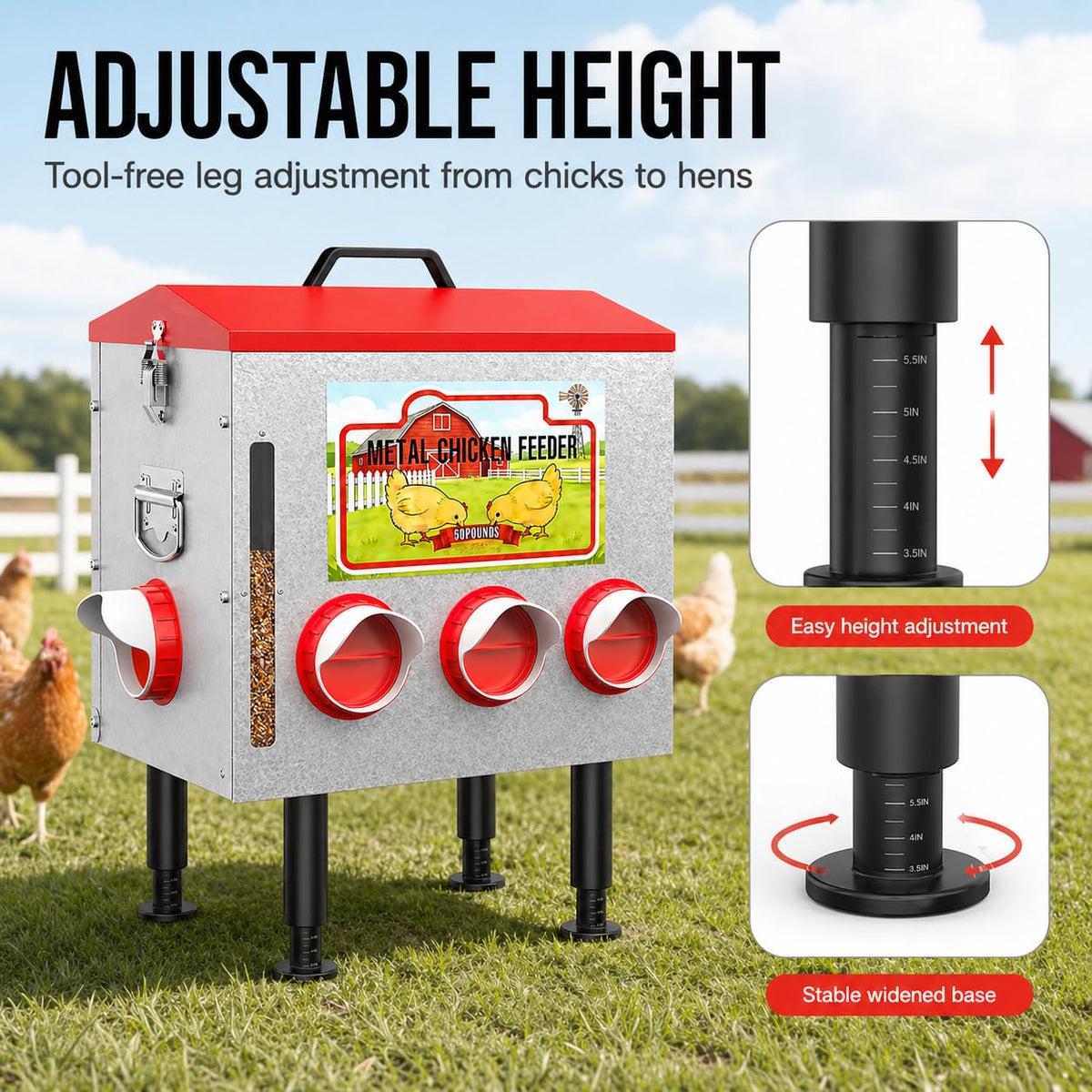 LOESLY 50lbs feeder includes visual feed level indicator for monitoring supply
