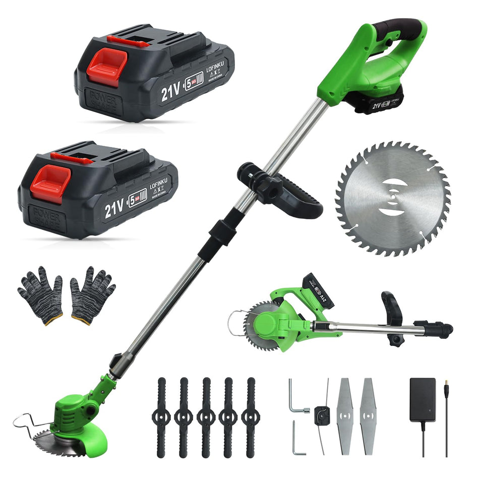 LOFINKU cordless weed wacker front view highlights a lightweight design for easy lawn trimming.