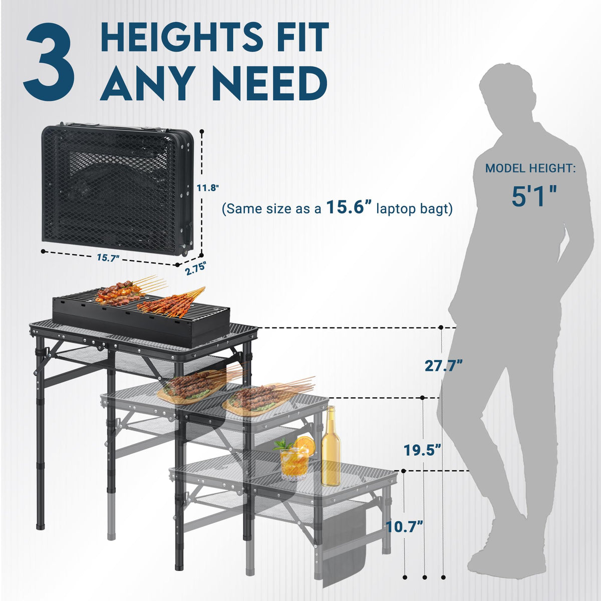 LOFTEY grill table at 10.7 in height for low-height camp dining.