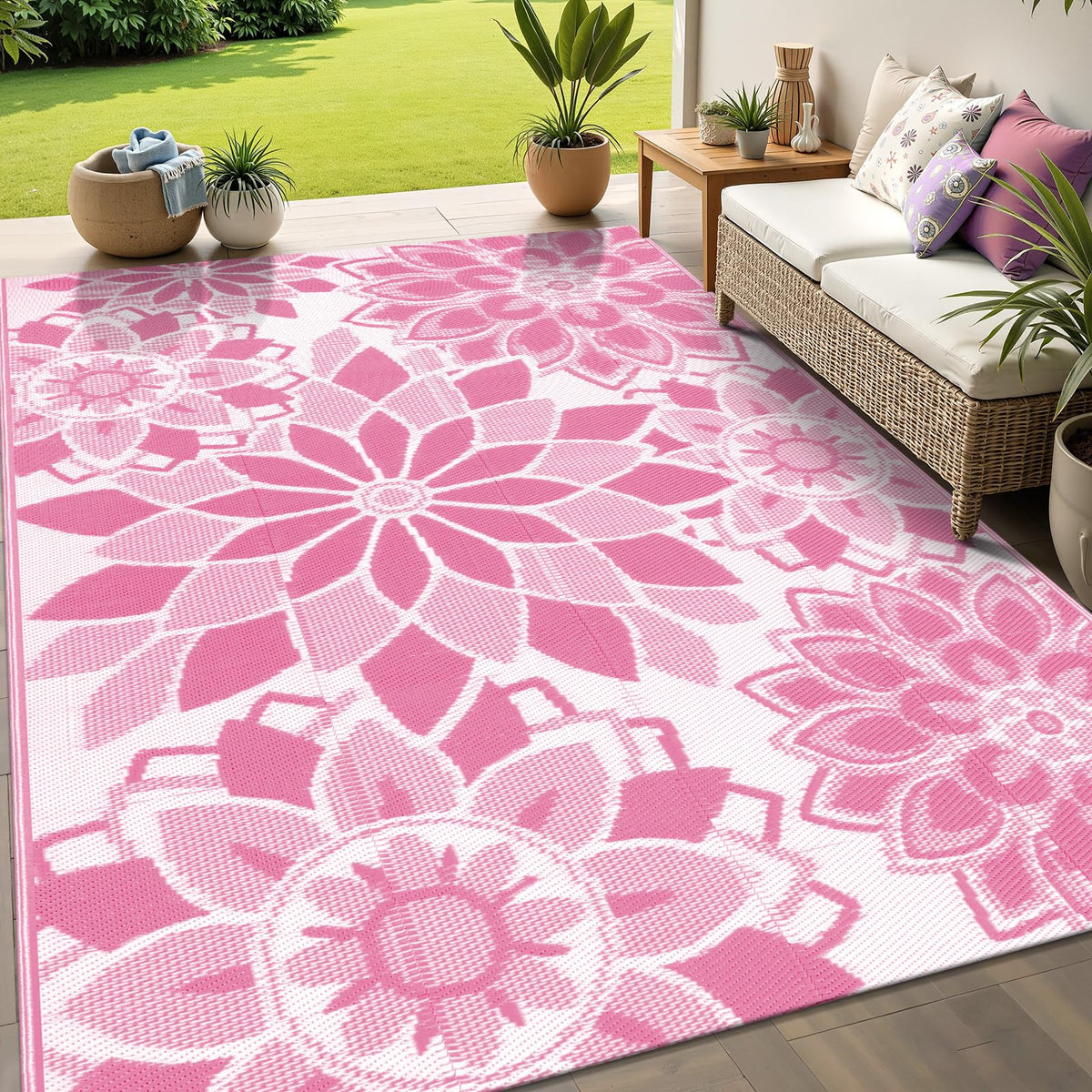 LOKHOM 5x8 ft outdoor rug on patio showcasing soft texture and durable weave