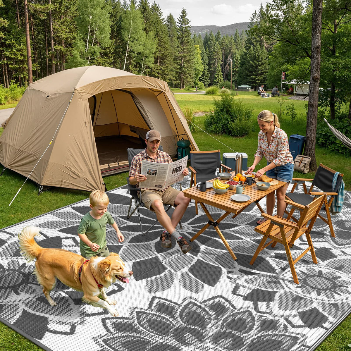 LOKHOM 5x8 reversible rug shows dual weave for versatile outdoor styling.