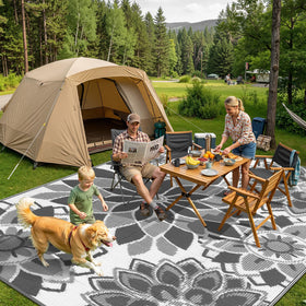 LOKHOM 5x8 reversible rug shows dual weave for versatile outdoor styling.