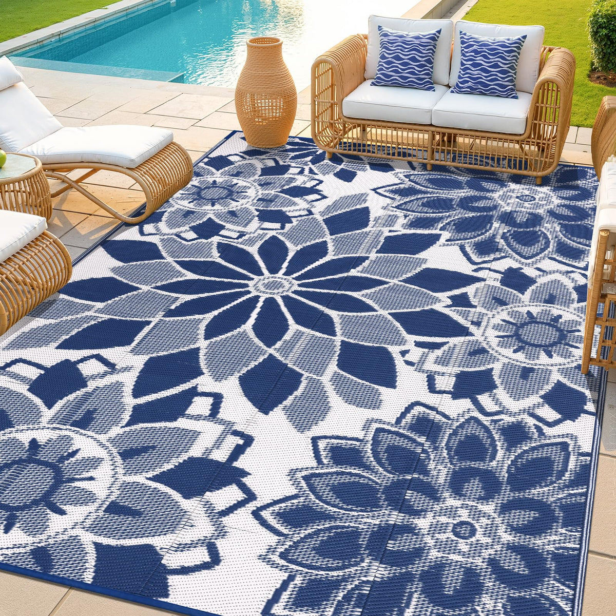 LOKHOM 6x9 navy-blue floral outdoor rug for patio and deck