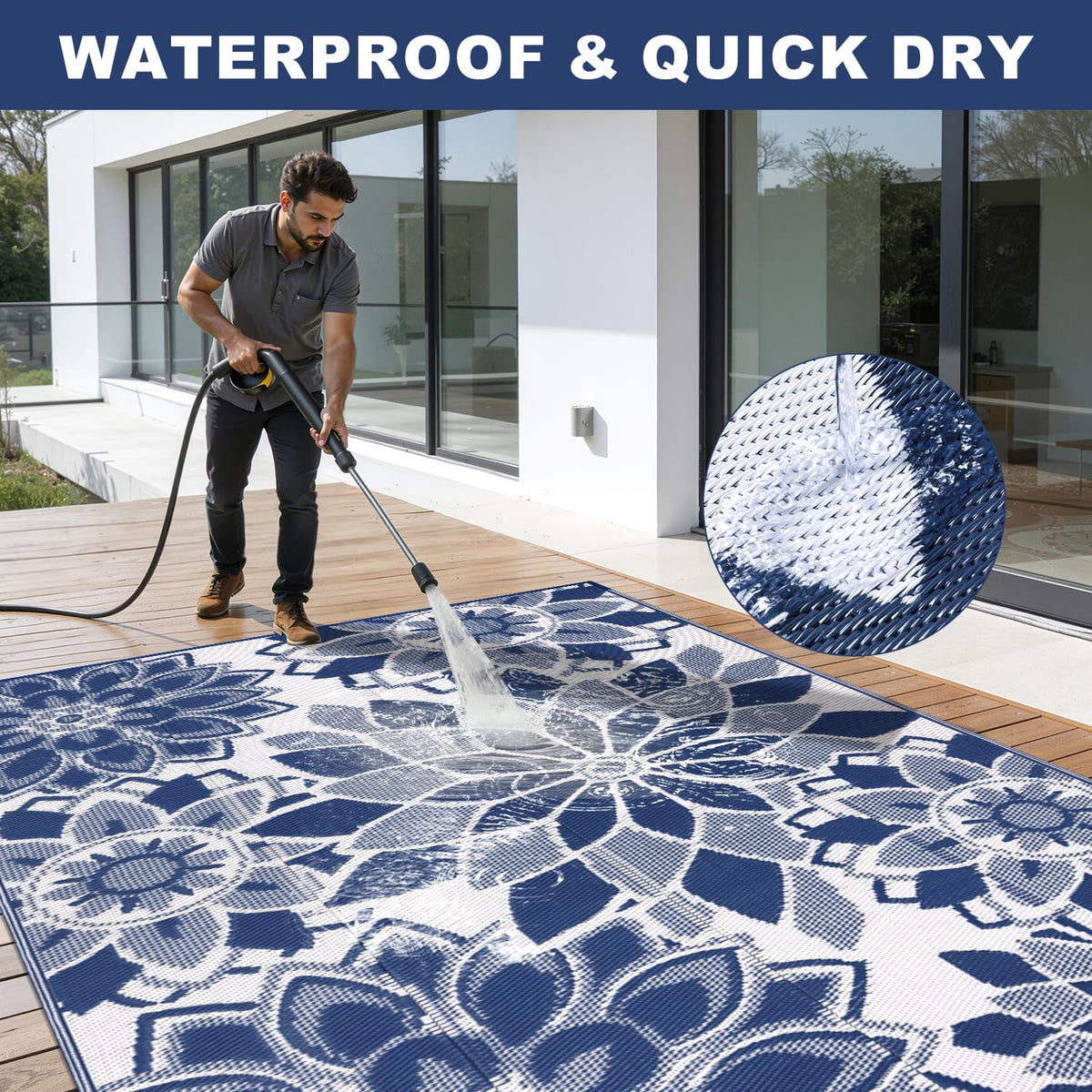 LOKHOM waterproof outdoor rug easy to rinse and wipe clean