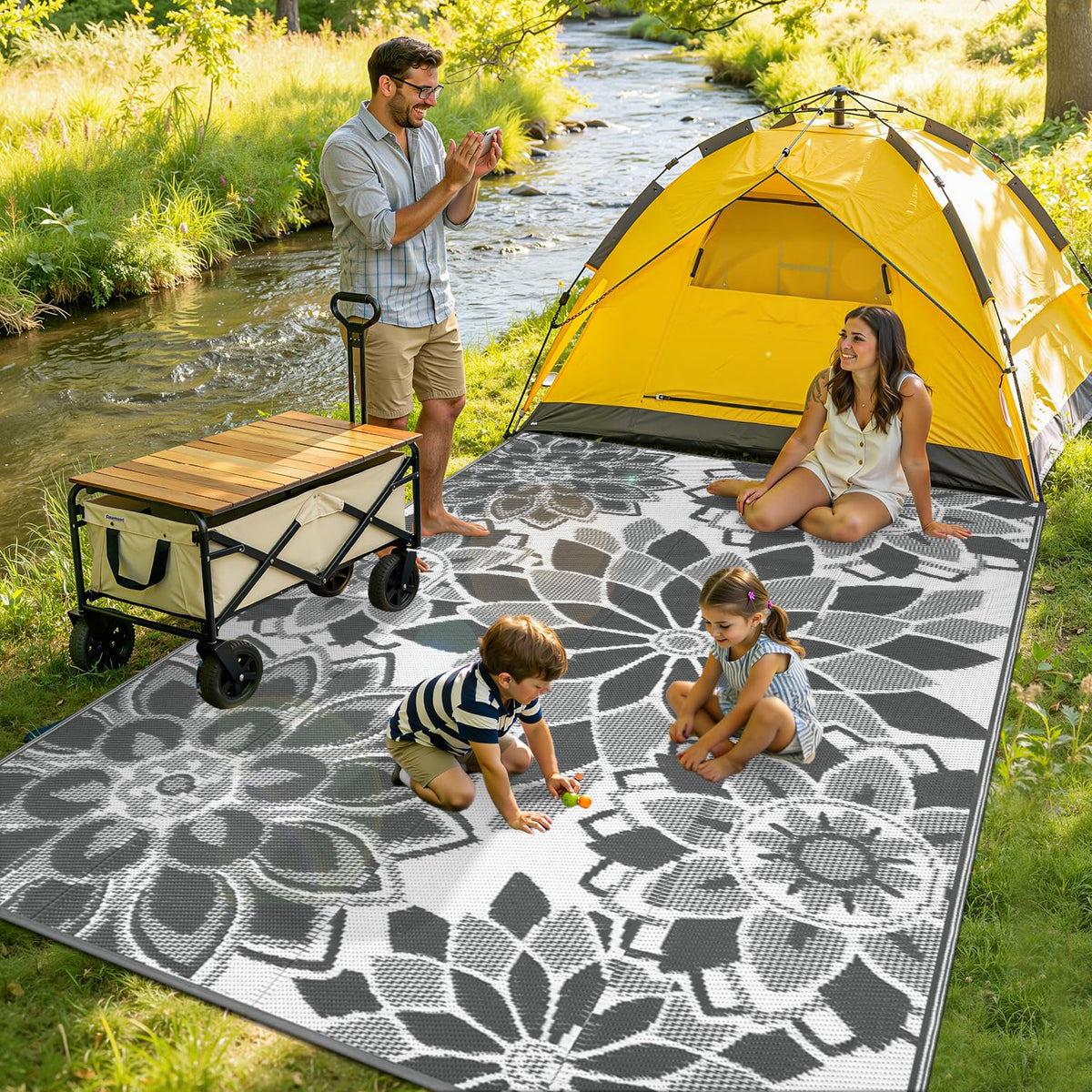 LOKHOM 5x8 rug provides a comfortable surface for kids and pets outside.