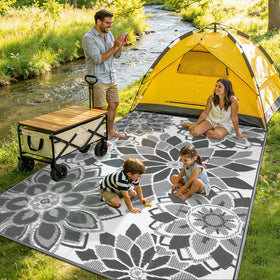 LOKHOM 5x8 rug provides a comfortable surface for kids and pets outside.
