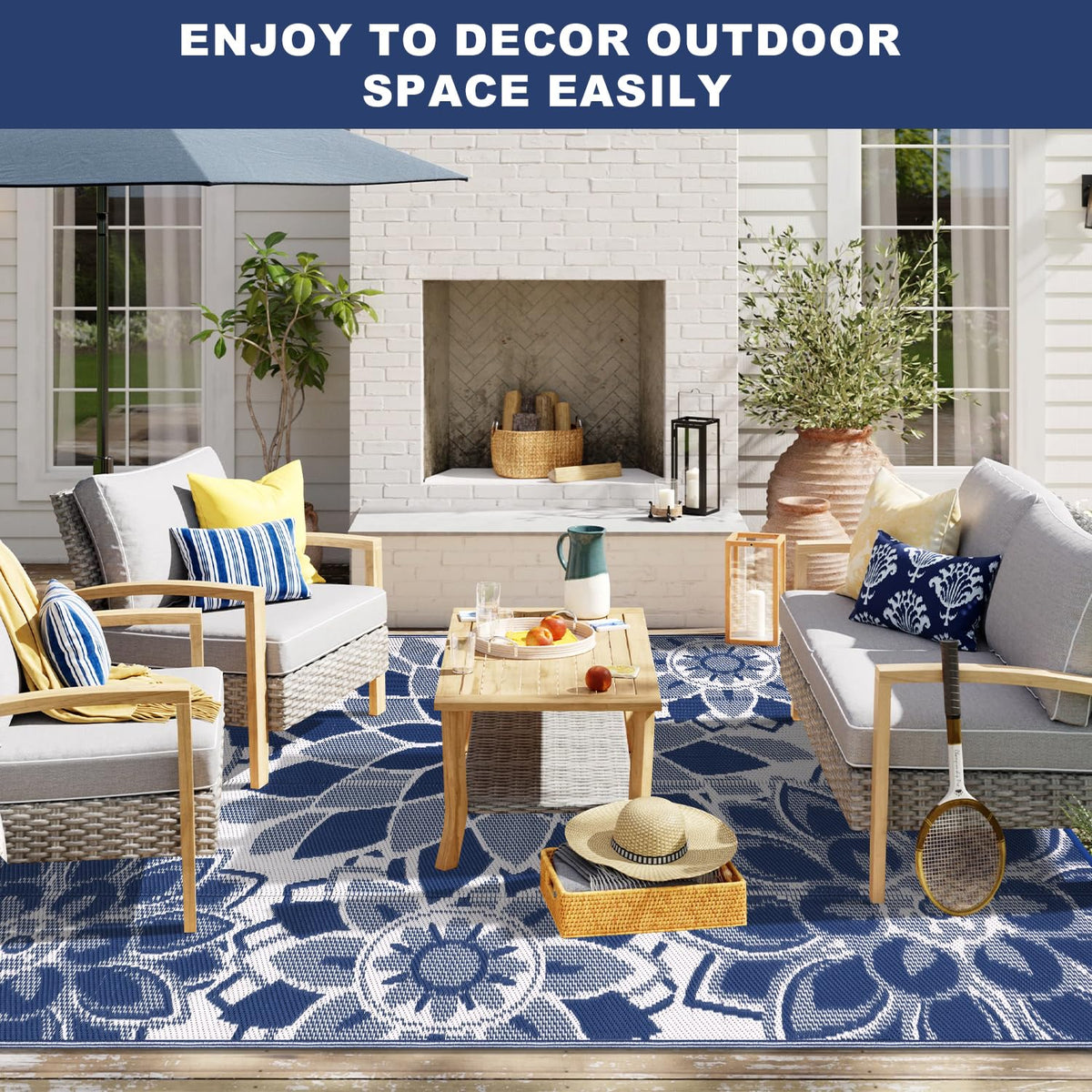 LOKHOM stylish navy blue and white outdoor rug for garden and porch