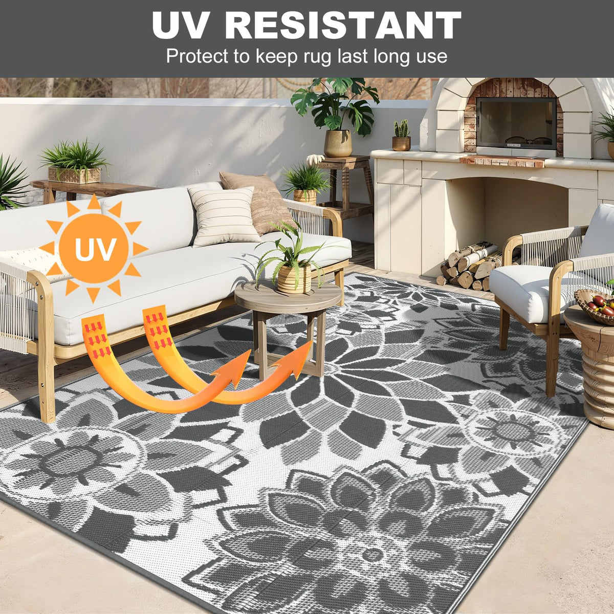 LOKHOM rug with UV coating helps prevent color fading outdoors.