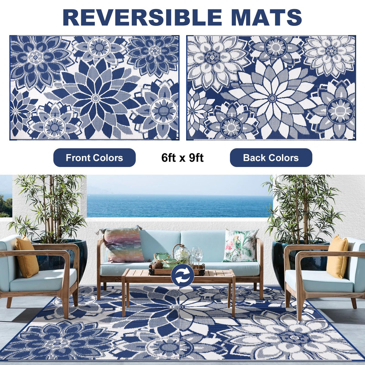 LOKHOM navy blue and white outdoor rug resists stains and spills