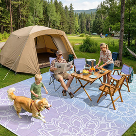 LOKHOM reversible plastic-straw rug showing two looks for decks