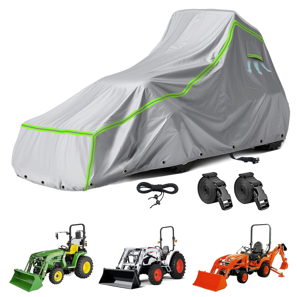 LOKISBEAURY tractor cover front view protects against rain, sun, and dust for year-round storage.