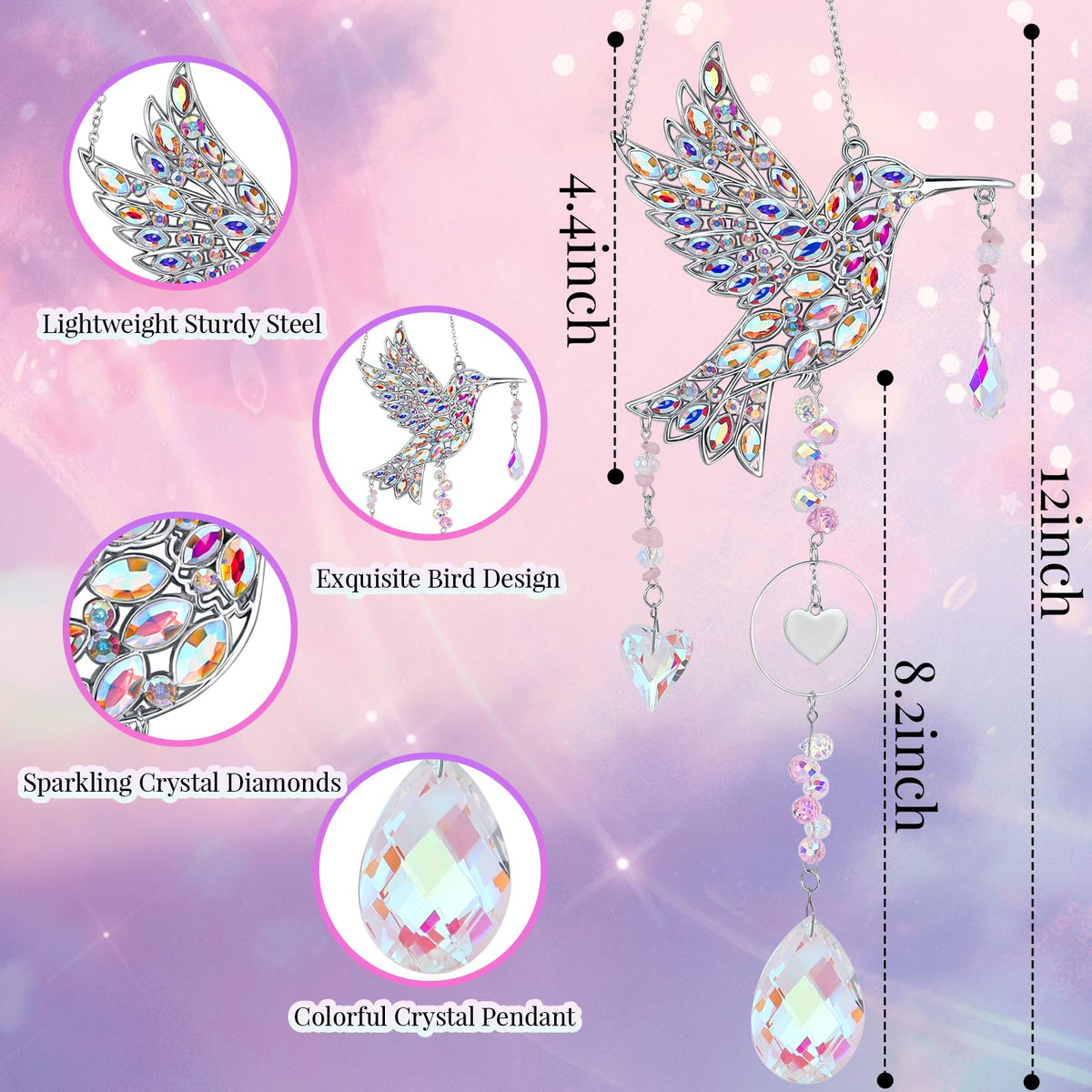 LOKOZ hummingbird sun catcher hung indoors near plants for ambient glow.