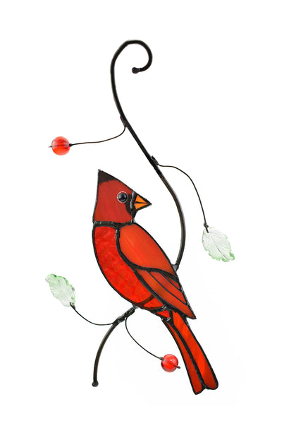 Lolitarcrafts bigger cardinal stained glass window suncatcher in sunlight adds warm color to windows.