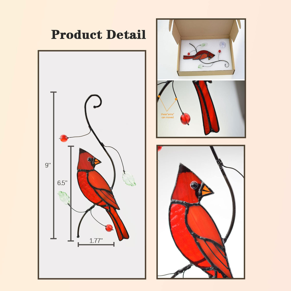 Lolitarcrafts cardinal stained glass ornament with branch beads brightens rooms and catches light.
