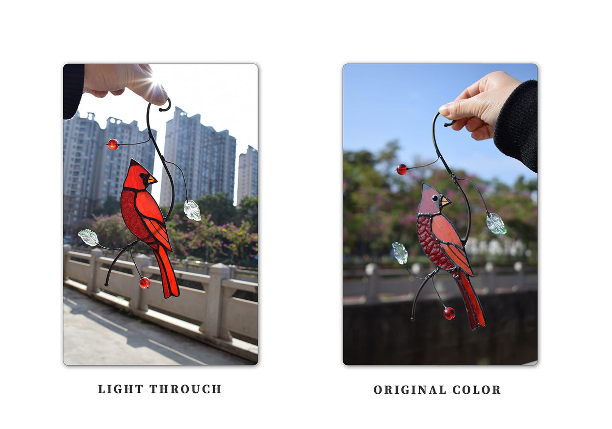 Lolitarcrafts cardinal window decor showcases vivid color reflections in sunlight.