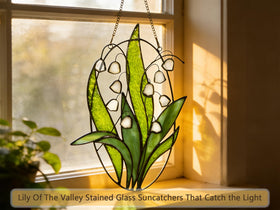 Lolitarcrafts Lily Valley suncatcher in sunlight creating a soft room glow
