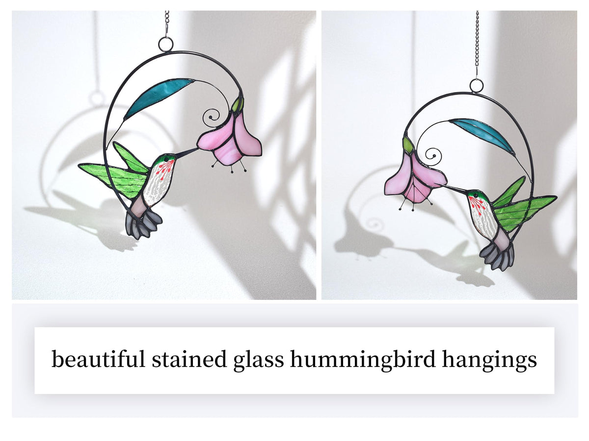 Lolitarcrafts hummingbird stained glass with blue flower window decor in natural daylight