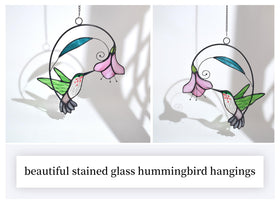 Lolitarcrafts hummingbird stained glass with blue flower window decor in natural daylight