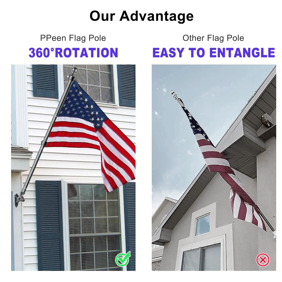 LOMETY two-swivel-hooks prevent tangling and keep the flag fluttering freely.