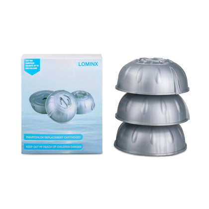 LOMINX hot tub cartridge 3-pack ready for quick replacement in Frog systems.
