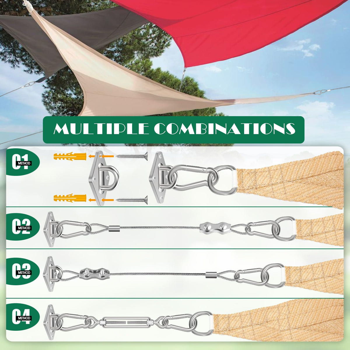 Lomoky snap hooks allow quick, secure connections for outdoor shade setups.