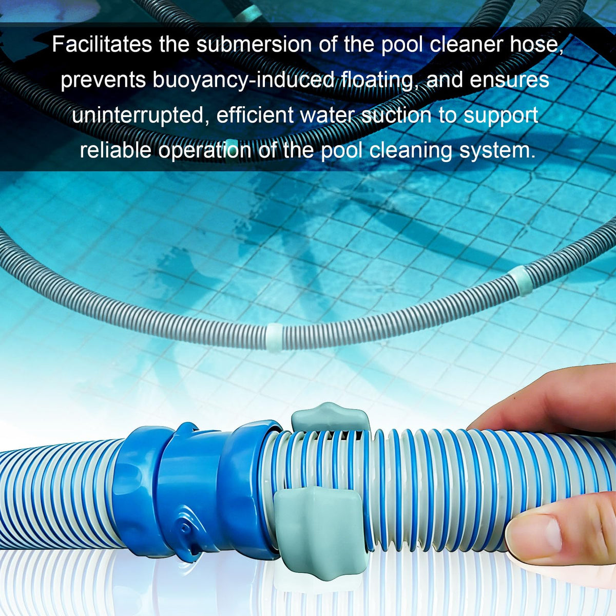 Close-up of LoMoTive hose weight clip for quick tool-free installation