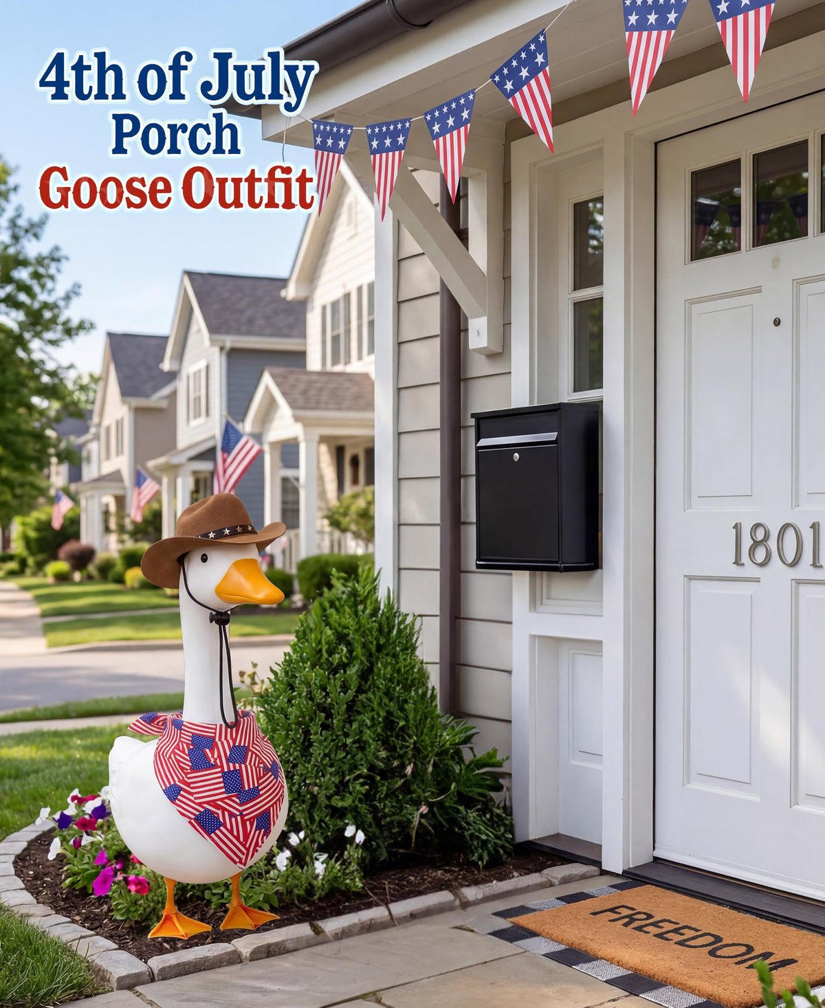 Lomrsiul American flag bandana on goose enhances outdoor festive display.