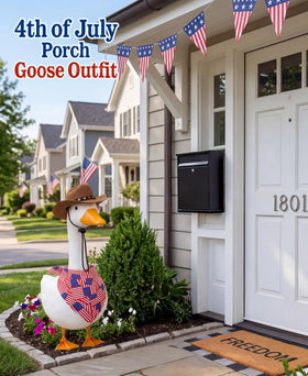 Lomrsiul American flag bandana on goose enhances outdoor festive display.