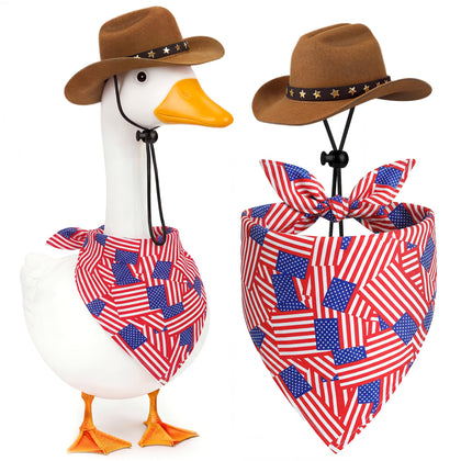 Lomrsiul patriotic goose outfit with cowboy hat for porch appeal.