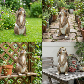 Lonyin Deco Bunny Garden Statue close-up eyes enhances whimsy.