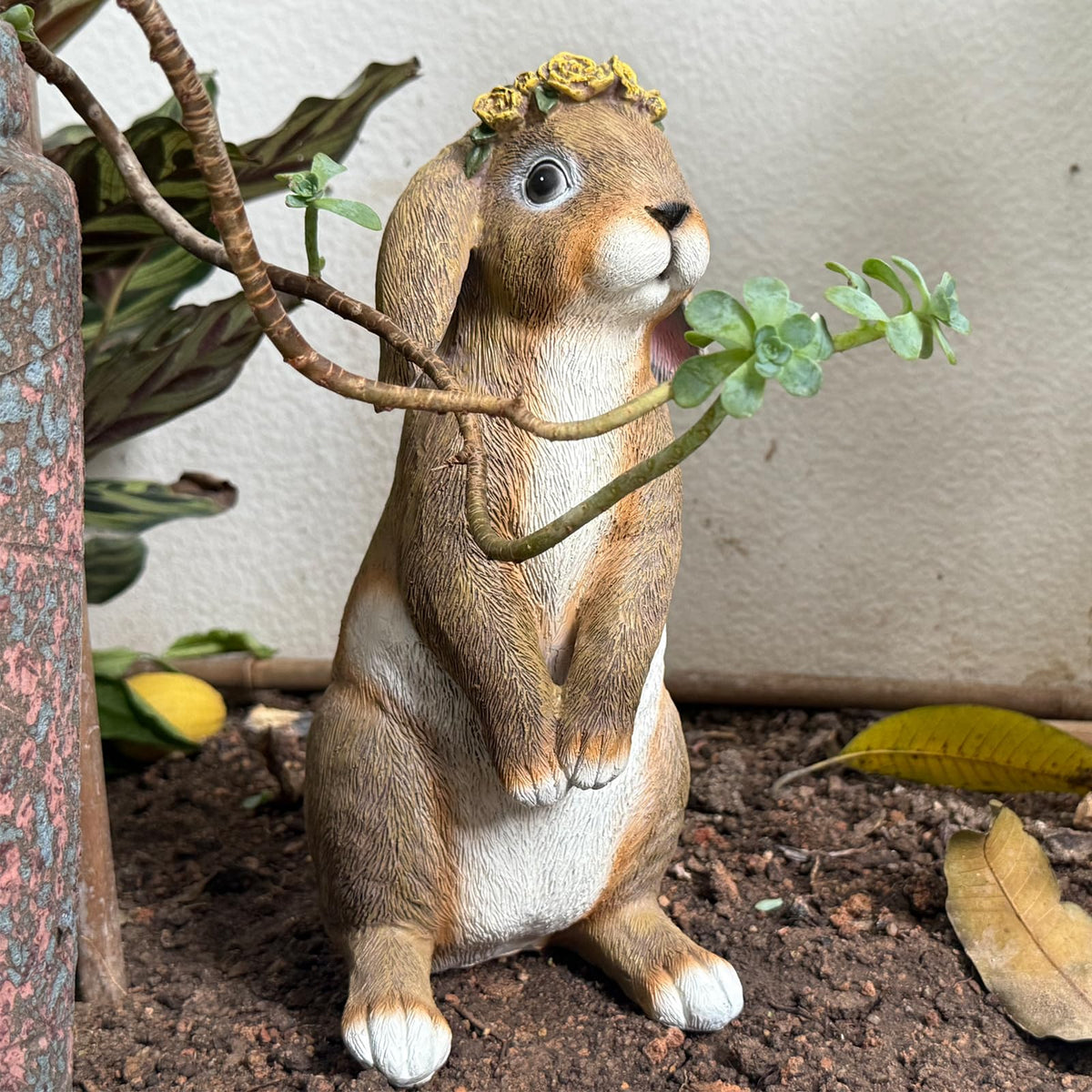 Lonyin Deco Bunny Garden Statue on patio creates cozy outdoor ambiance.