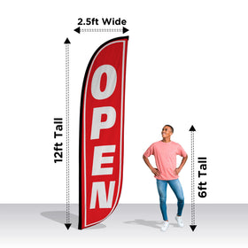 LookOurWay feather flag banner, 12ft, open red and white, durable outdoor signage