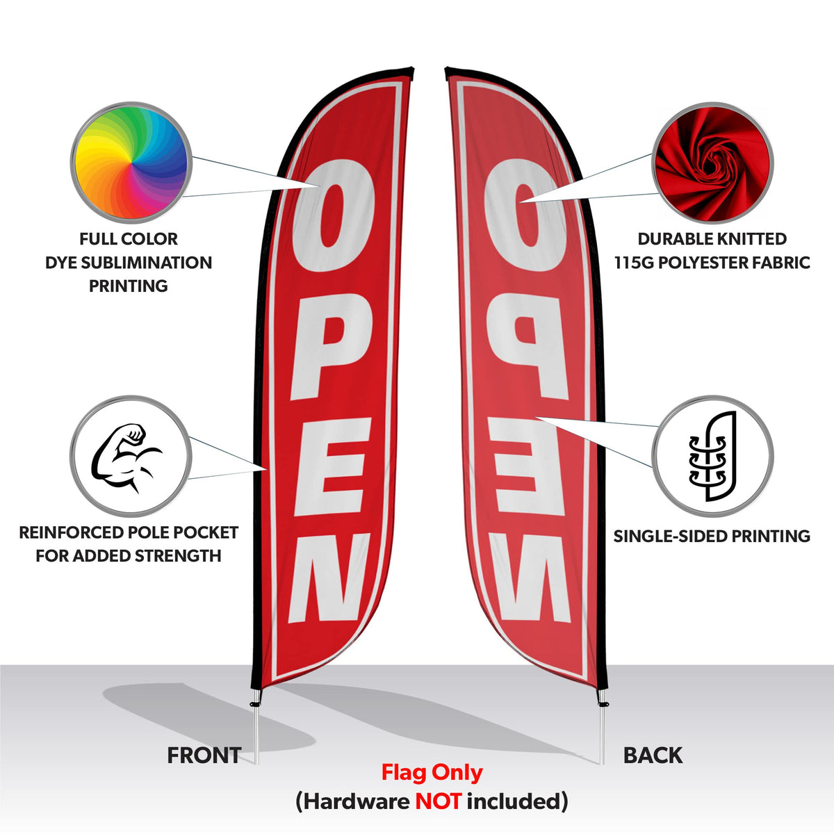 LookOurWay feather flag banner, 12ft, open red and white, grand opening visibility