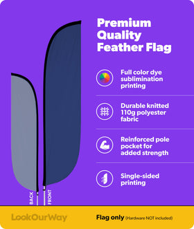 LookOurWay blue feather flag closeup shows durable knitted polyester