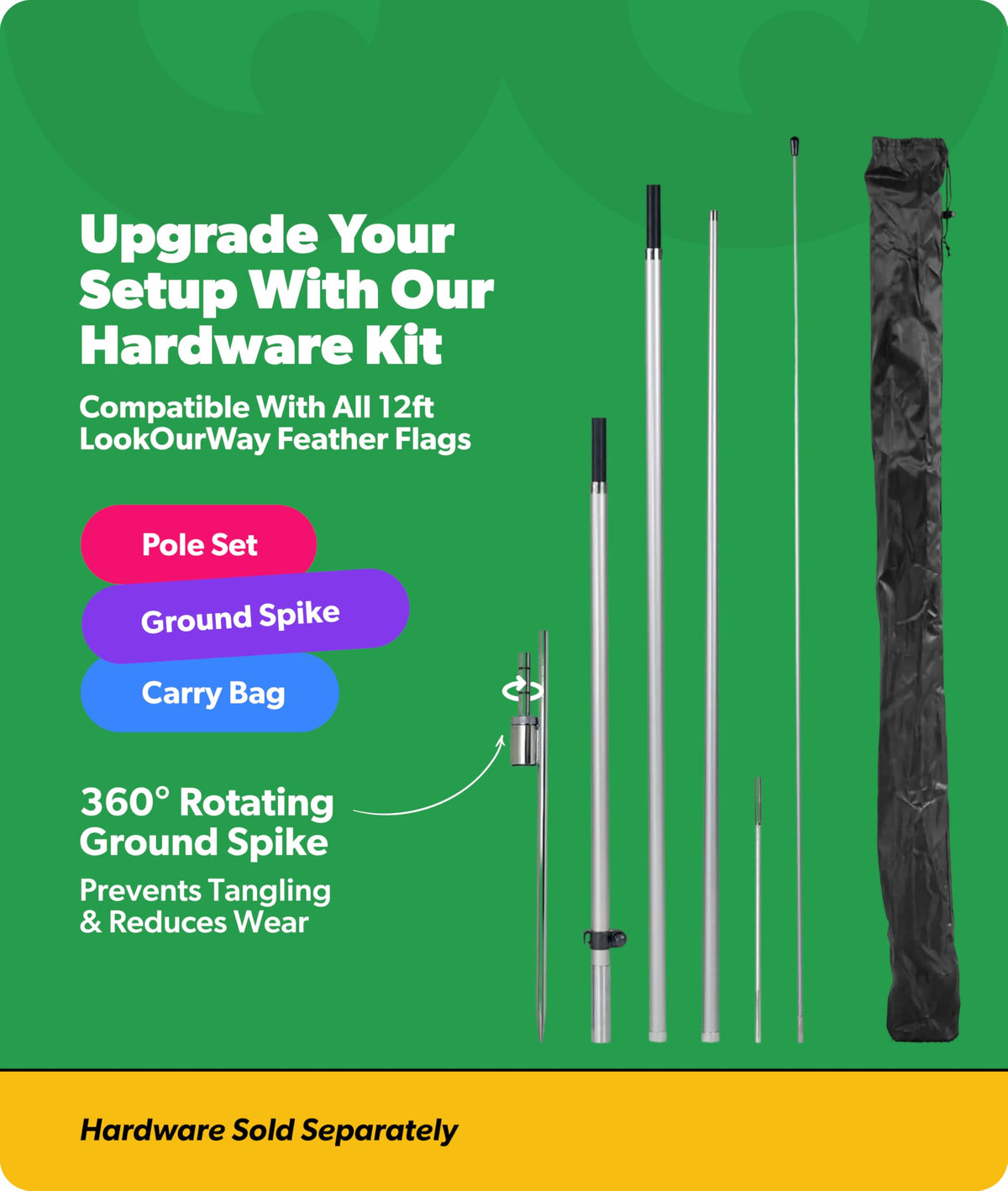 LookOurWay flags measure 12 feet tall with a 2ft 6in width for bold impact.