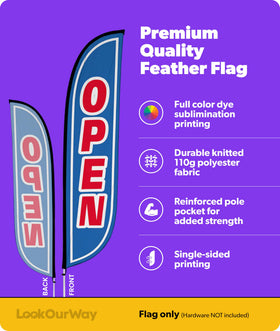 LookOurWay Open Blue and Red 12ft flag sways in the wind, guiding customers to your store.
