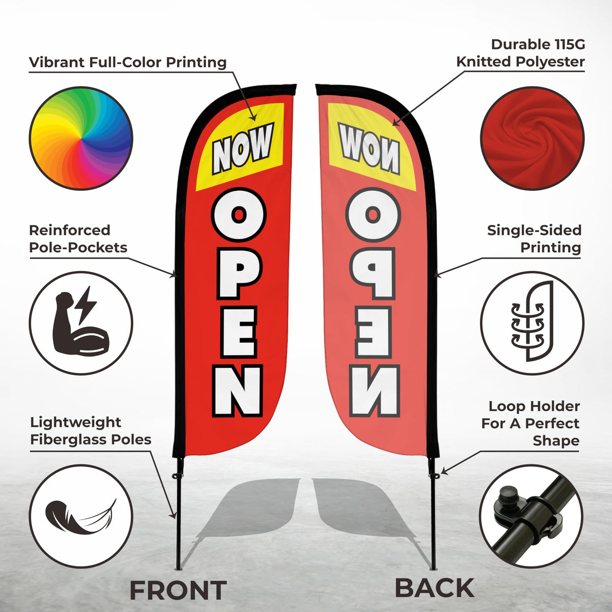 LookOurWay red and yellow feather flag banner catches customers from afar