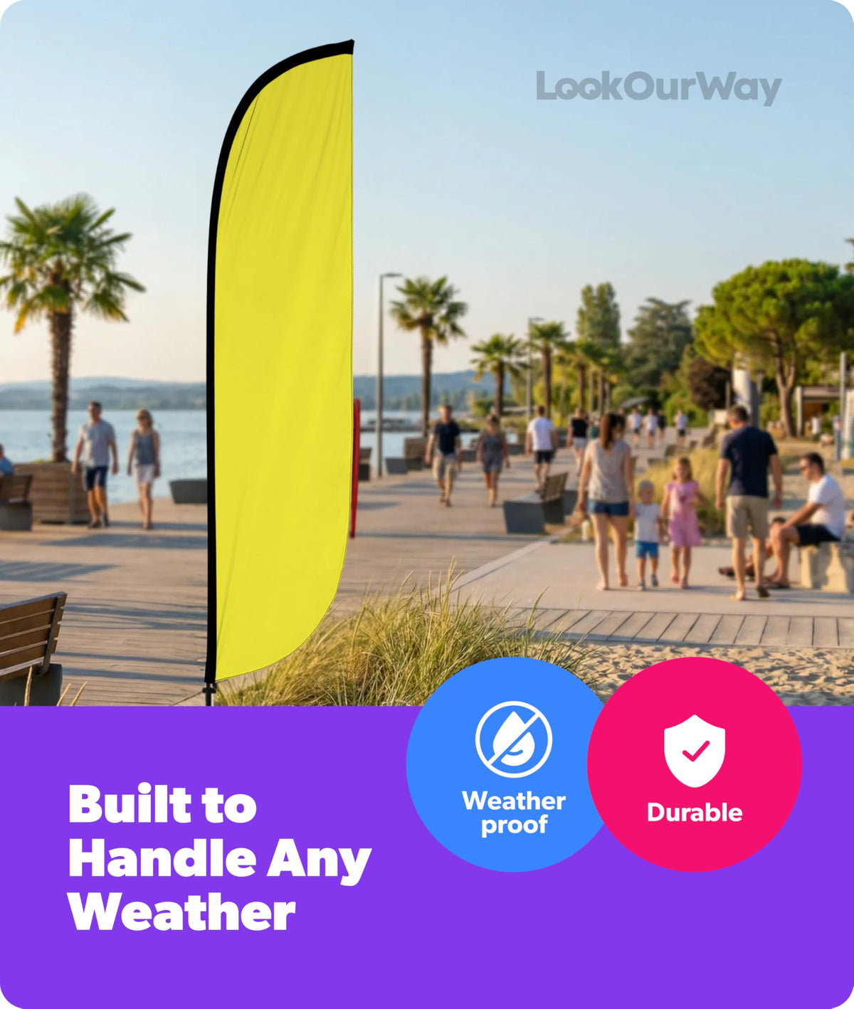 LookOurWay yellow flag banner improves outdoor attention and promotions