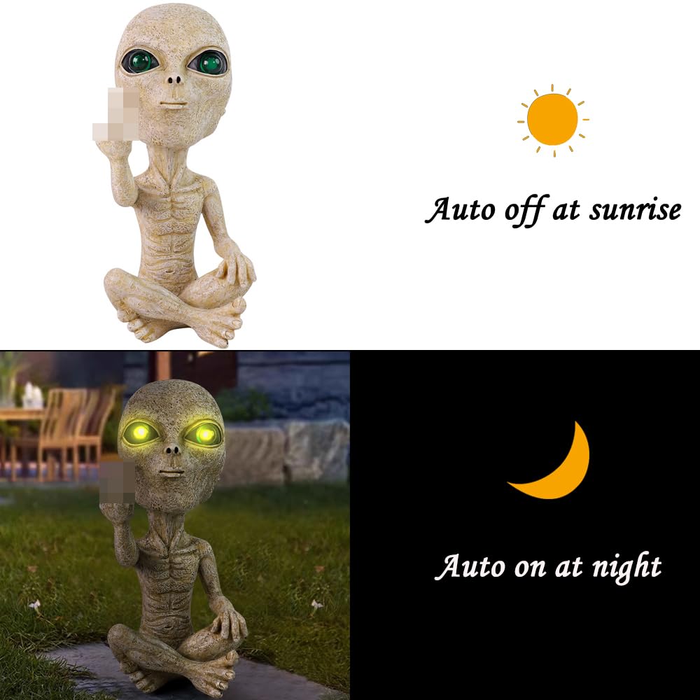 Lopoti Solar Light Alien Statue made of durable resin for outdoor use.